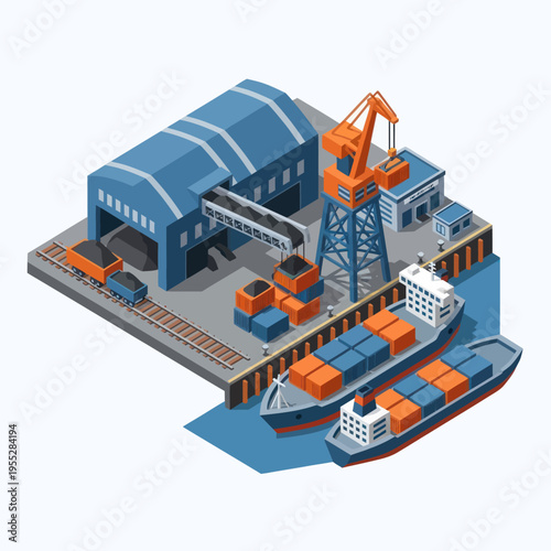 Isometric Industrial Shipping Yard with Cargo Ship.