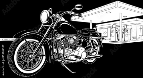 Vintage motorcycle vector silhouette. Classic motorcycle with gas station. Transparent background EPS version.