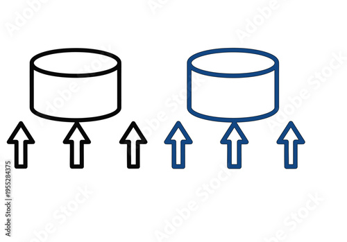 Database upload icons with black and blue cylinders and up arrows with storage unit