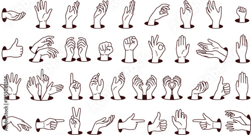 Collection of various hand gestures on white background for communication design