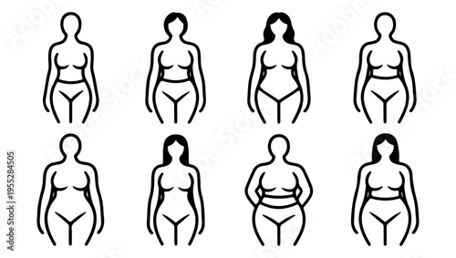 Diverse female body shapes illustrated with simple black and white line art