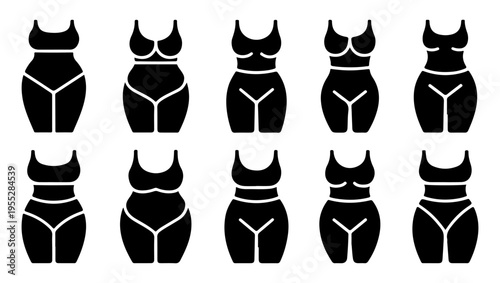 A collection of black silhouette icons depicting various female body shapes