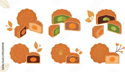 Traditional Mooncake Vector Set Featuring Different Flavors and Fillings for Mid-Autumn Festival Designs