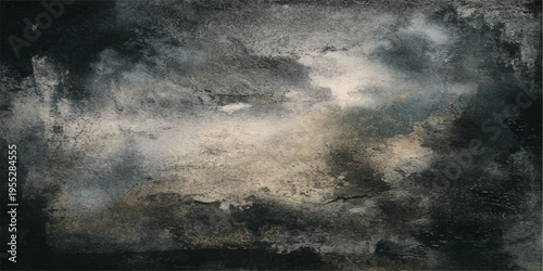A dark grunge background of old paper texture blends with a blue storm sky where thick smoke and white clouds swirl around a hidden moon in the night fog