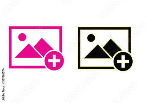 Pink and black add image icons with mountain landscape and plus sign symbols