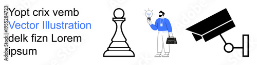 Business strategy, innovation, surveillance, security, decision-making, data monitoring. A chess piece, light bulb with a person and a surveillance camera. Strategy and innovation icons concept