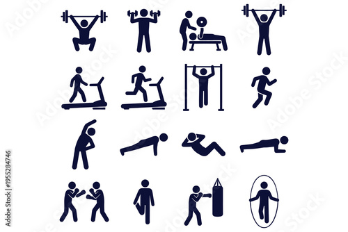 Fitness icons set with various exercise poses on white background