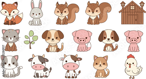 Cute Farm Animal Vector Set Featuring Fox, Rabbit, Squirrel, Pig, Cow, and Chicken for Children's Illustrations