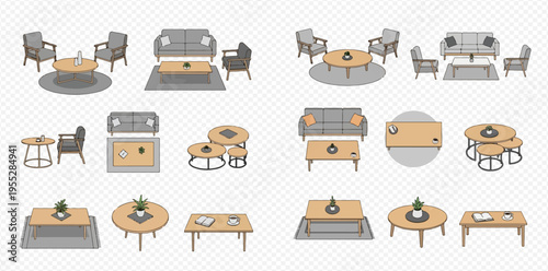 Set of modern furniture for living room or lounge, including sofas, armchairs, coffee tables, and rugs in various arrangements and styles.