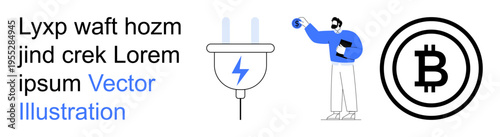 Cryptocurrency, blockchain, digital payment, financial technology, energy consumption, decentralized systems. Bitcoin logo, electric plug and person holding a phone. Cryptocurrency and blockchain