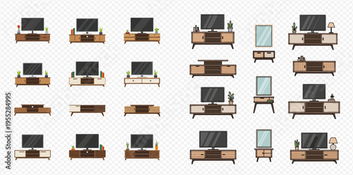 Set of modern TV stands and cabinets with televisions and decorative elements, isolated on a transparent background.