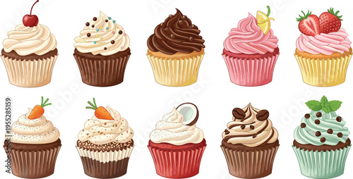 Delicious Cupcake Vector Set Featuring Chocolate, Strawberry, Carrot, Mint, and Fruit Toppings for Dessert Designs