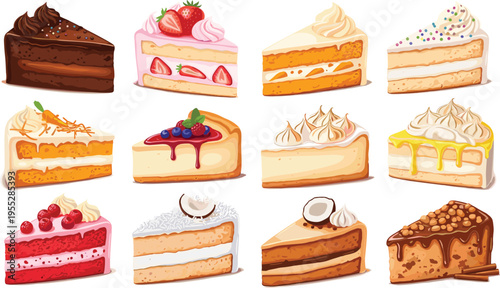 Delicious Cake Slice Vector Set Featuring Chocolate, Strawberry, Coconut, Lemon, and Berry Flavors for Dessert Designs