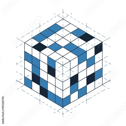 Rubiks Cube with Blue and White Pattern.