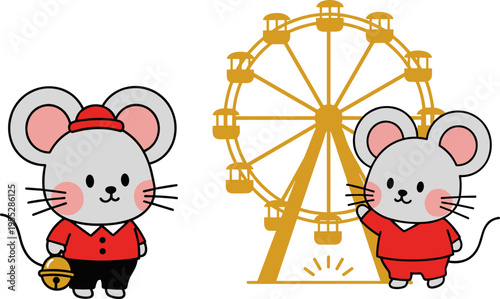 Cute mouse characters with ferris wheel, cartoon amusement park animals illustration, playful rodent mascots for kids design