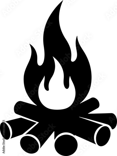Vector campfire icon, black flame and logs on white background