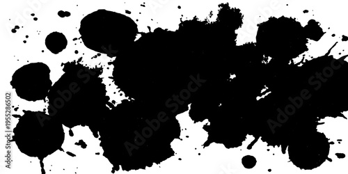 A striking, monochromatic abstract artwork. Featuring bold ink splatters and blots, creating a dynamic visual narrative.