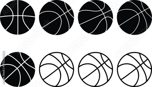 Arrangement of eight black and white basketball icons, ideal for graphic designs related to sports, games, and athletic activities.