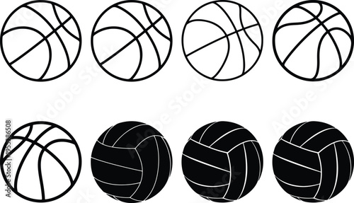 Collection of basketballs and volleyballs in black and white outline and silhouette, representing sports and games.