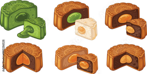 Mooncake Vector Set with Various Flavors and Cut Pieces for Mid-Autumn Festival and Traditional Chinese Desserts