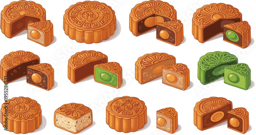 Mooncake Vector Set Featuring Different Flavors and Cut Pieces for Mid-Autumn Festival and Dessert Illustrations