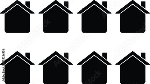 Eight black house icons with peaked roofs and chimneys, arranged in two rows on a white background, symbolizing home and real estate.