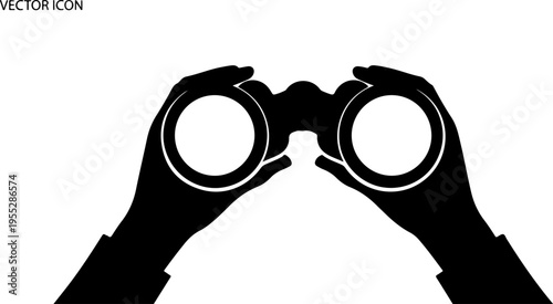 Black vector icon of hands holding binoculars