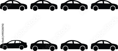 Eight identical black sedan car silhouettes arranged in two rows on a white background, symbolizing transportation and travel.