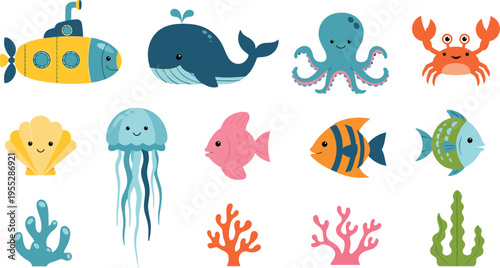 Collection of cute sea animals with a submarine and underwater nature elements