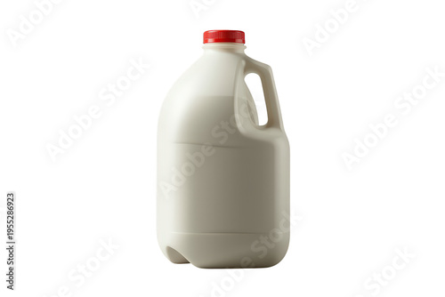 White plastic one gallon milk jug with red cap and handle, full of fresh dairy liquid, food packaging, transparent background