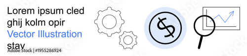 Business planning, financial management, data analysis, market research, decision making, economy. Gear, dollar symbol magnifying glass with a chart. Financial management and business planning