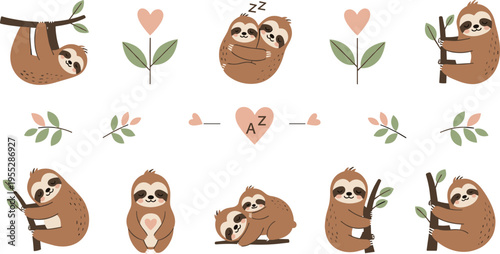 Collection of cute sloth characters in various peaceful poses with hearts and leaves