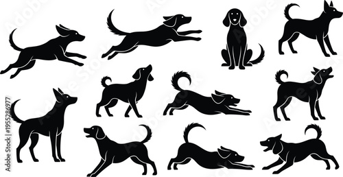 Collection of dog silhouettes in various action and resting poses