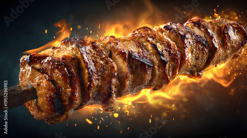 Grilled shish kebab skewer with marinated meat, vegetables and herbs over open flame, smoky barbecue close-up
