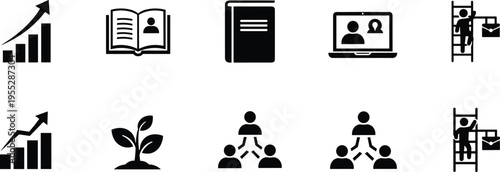 Education icons, growth progress, career advancement, teamwork collaboration, online learning, digital communication, business success, study material, nurturing development, professional achievement