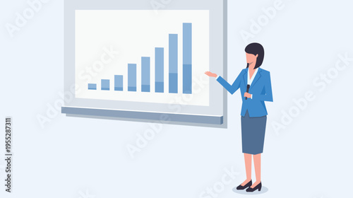 スクリーンのグラフを指しながらプレゼンをする女性のベクターイラスト