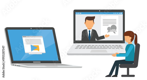 Woman participating in a virtual job interview on a laptop with a candidate on screen