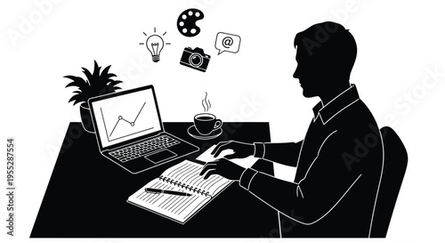 A man works on a laptop at a desk with creative icons and a plant