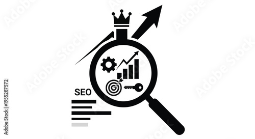 Search engine optimization concept with magnifying glass crown and growth chart