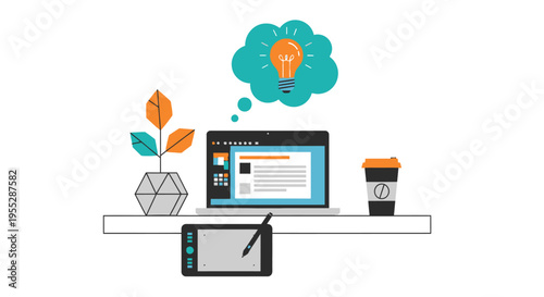 Creative workspace with a laptop tablet and a lightbulb idea cloud
