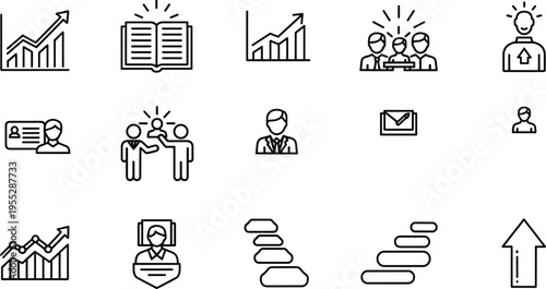 Business icons, growth progress, personal promotion, teamwork collaboration, professional identity, data analysis, workflow process, communication tools, career success, productivity illustration