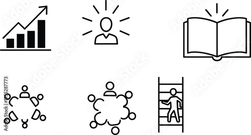 Growth icons, career achievement, teamwork collaboration, brainstorming ideas, education learning, professional success, business progress, 