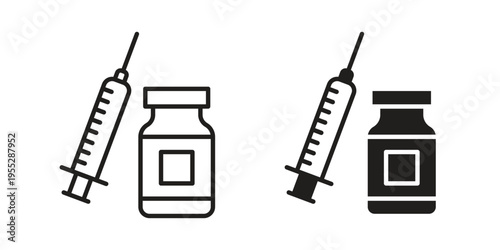 Vaccine vial icon, line pictogram on white.