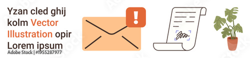 Communication, notifications, agreements, digital correspondence, alerts, home decor. Orange envelope with alert icon, document scroll potted plant. Communication and notifications visualization