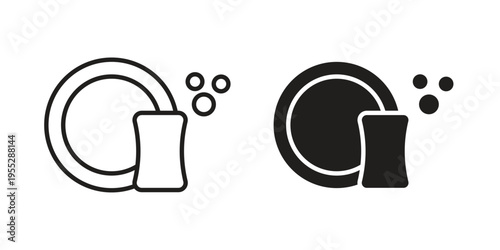 Washing dishes icon, line pictogram on white.