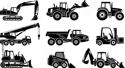 Silhouette construction machinery icons set with excavators, cranes, dump trucks, forklifts, tractors, loaders and industrial vehicles for building, engineering and heavy equipment design