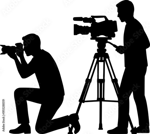 Photographer silhouette, videographer silhouette, camera operator, tripod setup, photo shoot, video recording, media production, capturing moments, professional photography poses