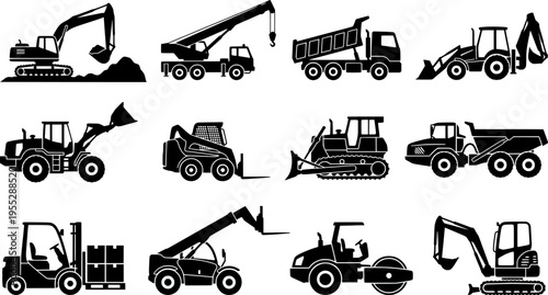 Silhouette construction machinery icons set with excavators, cranes, dump trucks, forklifts, tractors, loaders and industrial vehicles for building, engineering and heavy equipment design