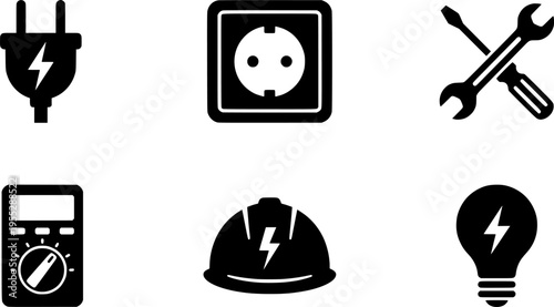 Electrician tool icons set with lightning symbols, plug, socket, wrenches, screwdrivers, multimeters, hard hat and light bulb for electrical work
