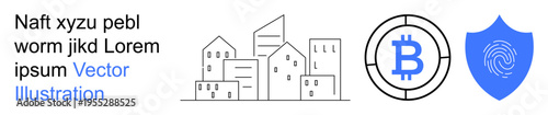 Financial technology, blockchain security, cryptocurrency protection, urban development, digital networks, identity protection. Cityscape, Bitcoin symbol and a shield with a fingerprint. Blockchain
